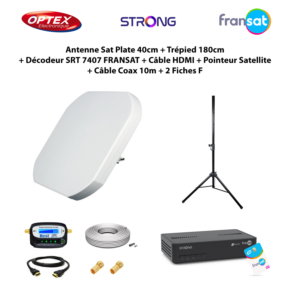 Antenne Sat Plate 40cm + Trépied 180cm + Décodeur SRT 7407 FRANSAT + Câble HDMI + Pointeur Satellite + Câble Coax 10m + 2 Fiches F